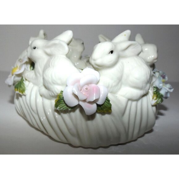 Pillar Candle Holder Porcelain bunnies flowers Easter Rabbit Spring - Picture 4 of 8
